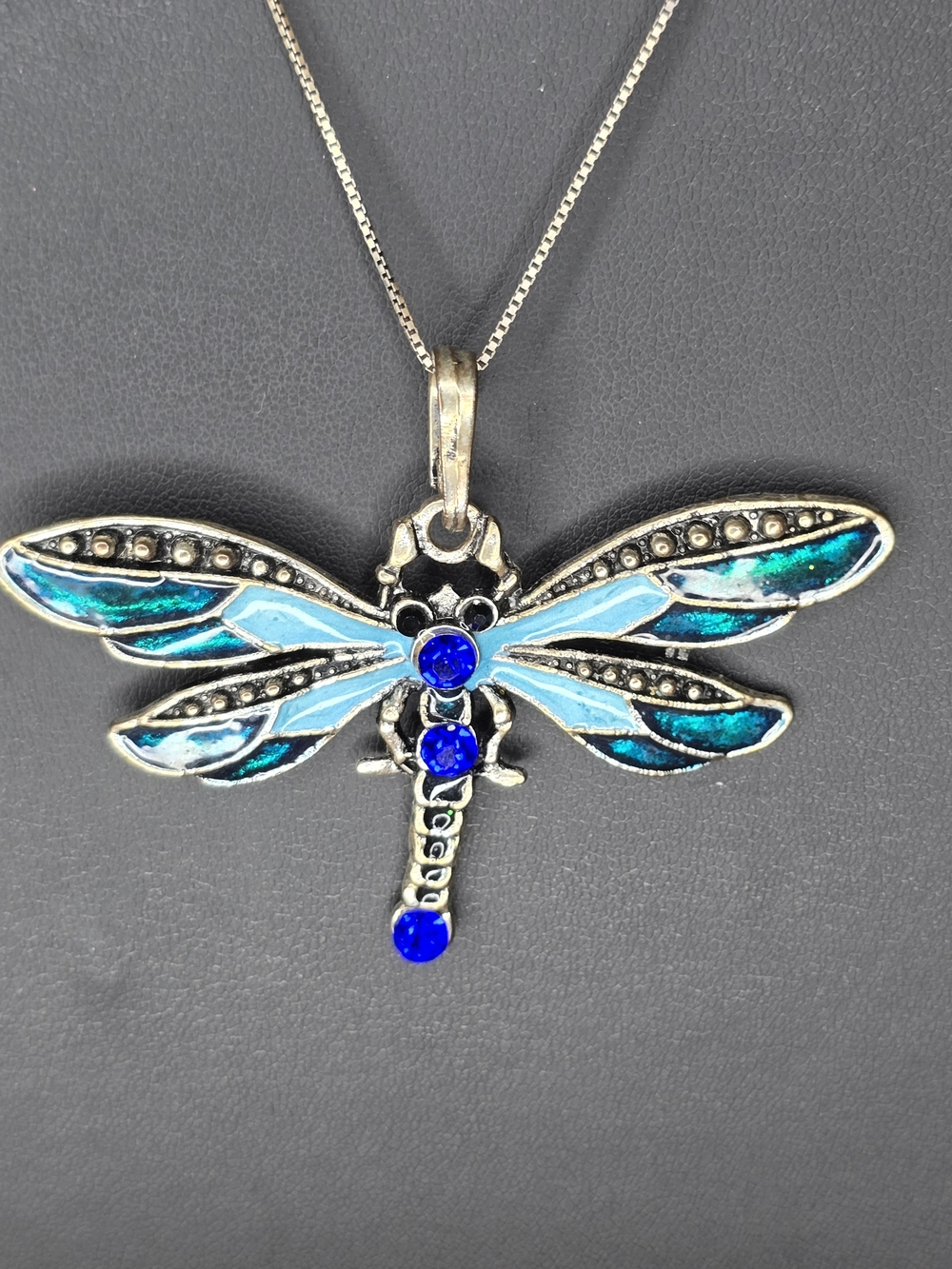 Blue Enamel Dragonfly Pendant Necklace - Silver Tone